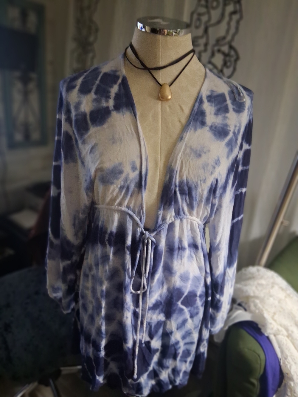Raviux Navy and White Tie-Dye Tunic Top S